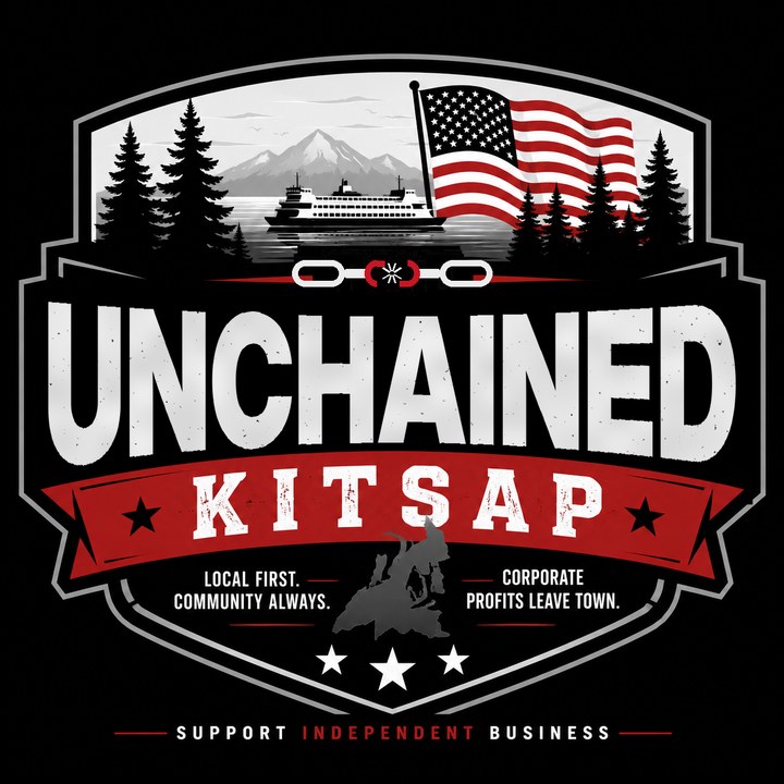 Unchained Kitsap logo: a broken chain above the word UNCHAINED and a red Kitsap banner
